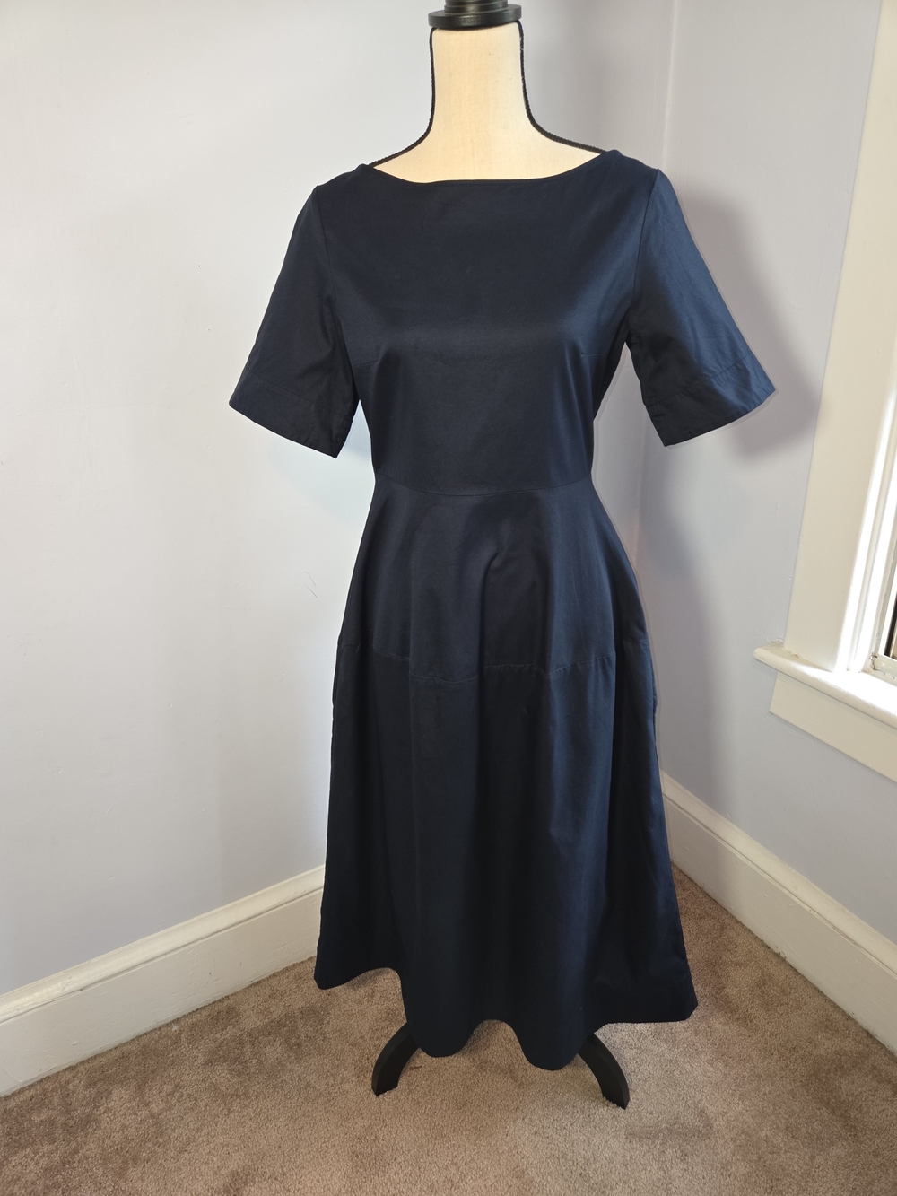 COS Navy Blue Short Sleeve Waisted Cotton Midi Dress Size 6 Pockets Quiet Luxury